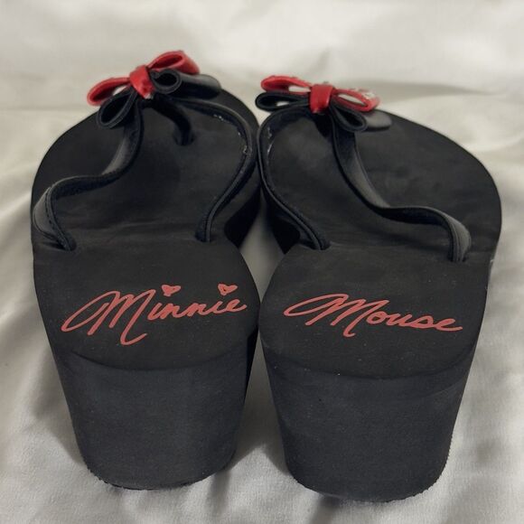 Disney Minnie Mouse Platform Flip Flops Sandals Women’s Size 8 Black Red Bow - Picture 1 of 11